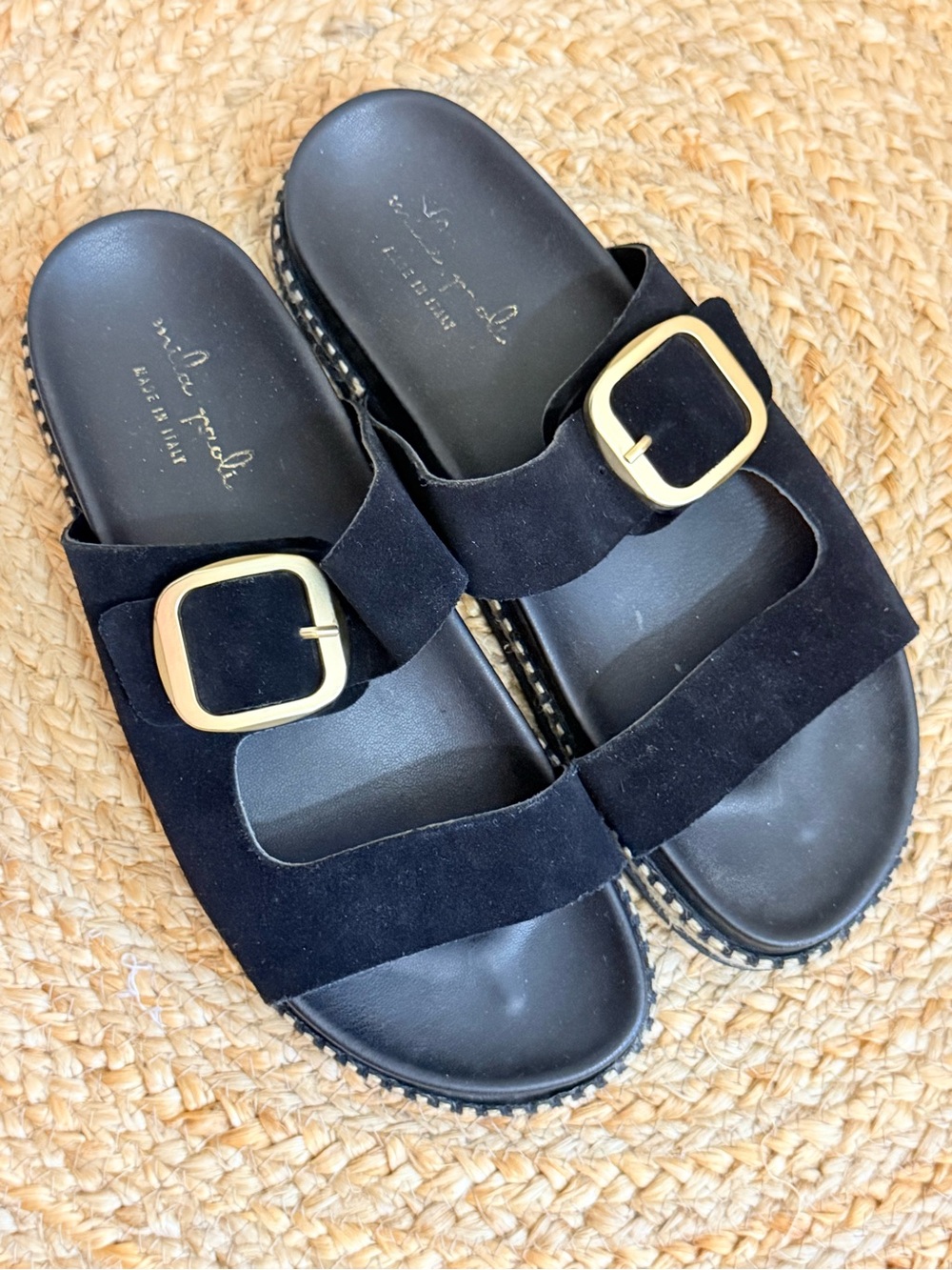 🌾 Mila Paoli Black Suede Double-Strap Slide Sandals with Gold Buckles